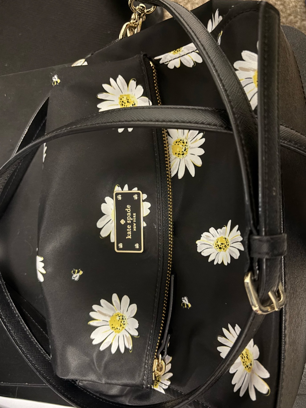 kate spade Black Daisy-Print Shoulder Bag with Gold Hardware